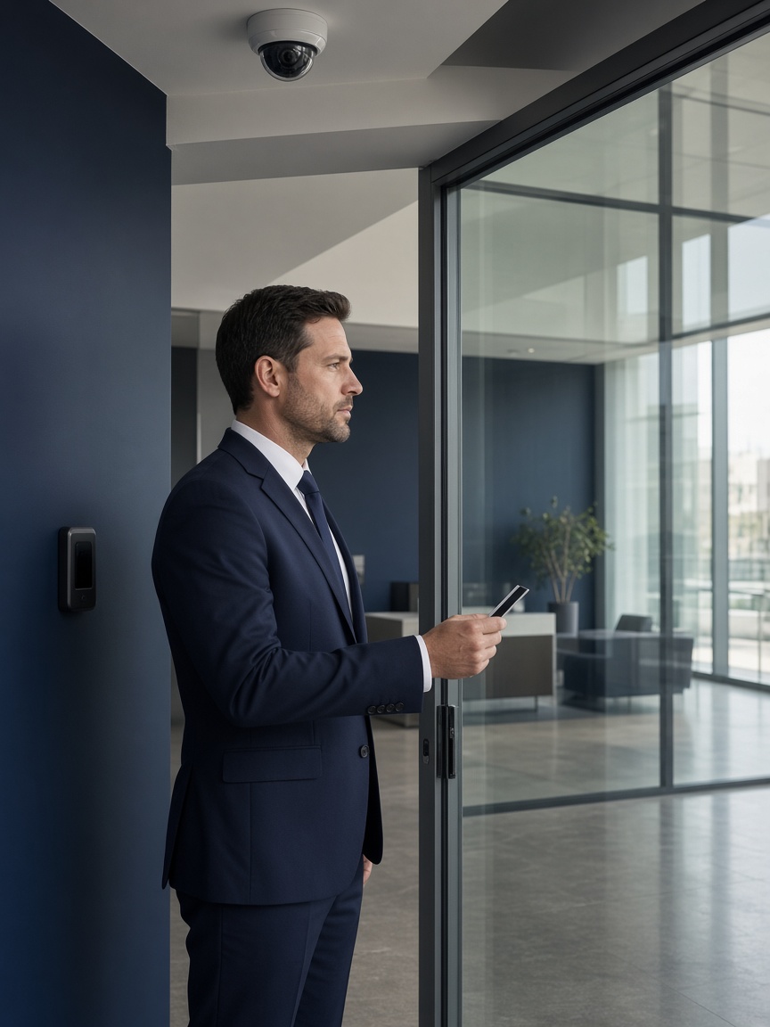 Employee using a badge at a corporate security door